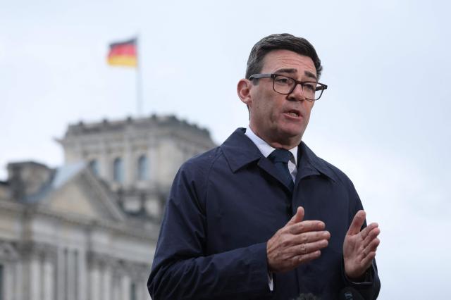 British Prime Minister Andy Burnham gives an tv interview following his meeting with the German Chancellor in Berlin on October 8, 2026 . (Photo by Sean GALLUP / POOL / AFP)