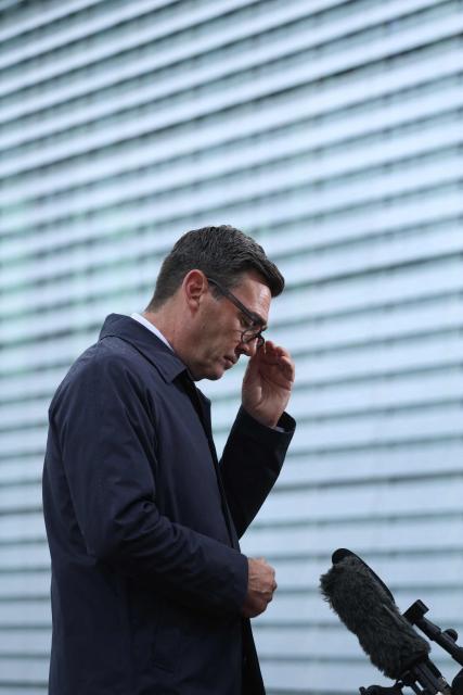 British Prime Minister Andy Burnham gives an tv interview following his meeting with the German Chancellor in Berlin on October 8, 2026 . (Photo by Sean GALLUP / POOL / AFP)