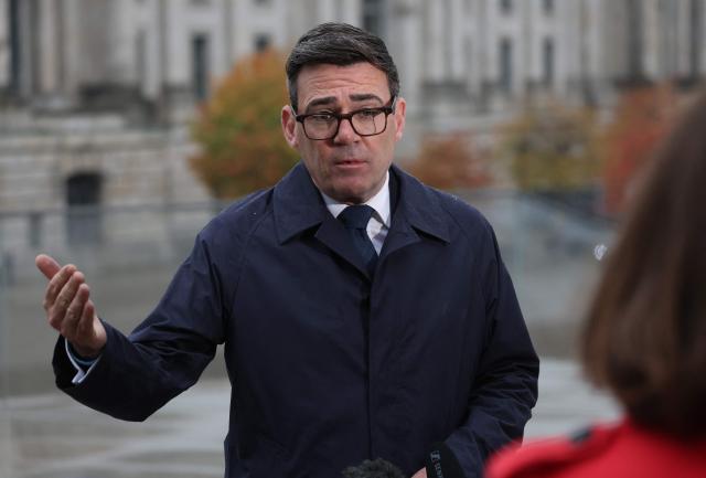 British Prime Minister Andy Burnham gives an tv interview following his meeting with the German Chancellor in Berlin on October 8, 2026 . (Photo by Sean GALLUP / POOL / AFP)