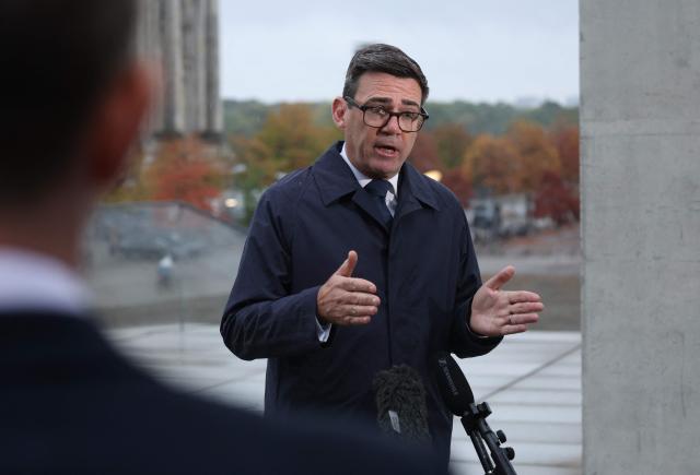 British Prime Minister Andy Burnham gives an tv interview following his meeting with the German Chancellor in Berlin on October 8, 2026 . (Photo by Sean GALLUP / POOL / AFP)