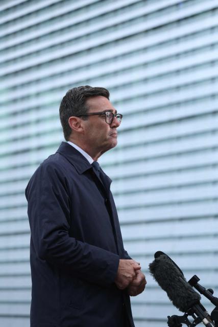British Prime Minister Andy Burnham gives an tv interview following his meeting with the German Chancellor in Berlin on October 8, 2026 . (Photo by Sean GALLUP / POOL / AFP)