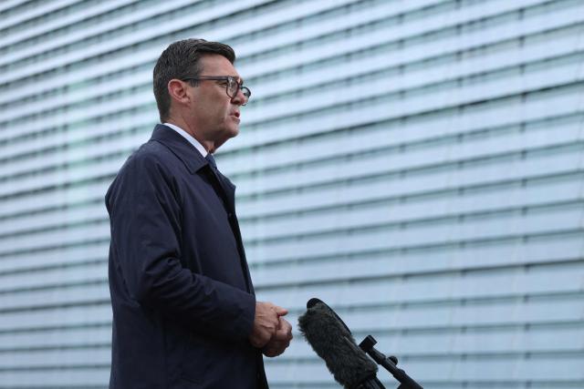 British Prime Minister Andy Burnham gives an tv interview following his meeting with the German Chancellor in Berlin on October 8, 2026 . (Photo by Sean GALLUP / POOL / AFP)