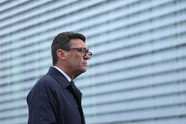 British Prime Minister Andy Burnham gives an tv interview following his meeting with the German Chancellor in Berlin on October 8, 2026 . (Photo by Sean GALLUP / POOL / AFP)
