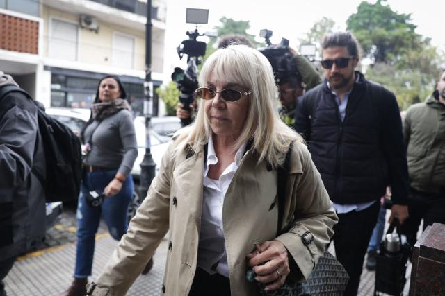 Claudia Villafane, former wife of Argentine football legend Diego Maradona and mother of his daughters Dalma and Gianinna, arrives at the court before a hearing in the trial over Maradona's death in San Isidro, Buenos Aires province, Argentina, on October 8, 2026. (Photo by AFP)