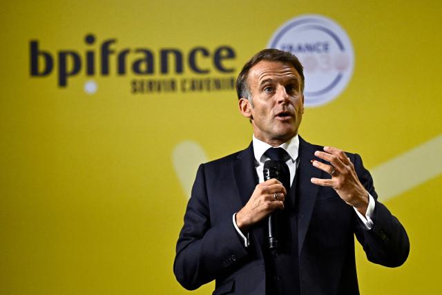 France's President Emmanuel Macron delivers a speech during the "Bpifrance Inno Generation (BIG) event" one of Europe’s largest gatherings dedicated to entrepreneurs, in Paris on October 8, 2026. (Photo by JULIEN DE ROSA / POOL / AFP)