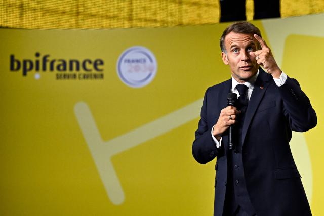 France's President Emmanuel Macron delivers a speech during the "Bpifrance Inno Generation (BIG) event" one of Europe’s largest gatherings dedicated to entrepreneurs, in Paris on October 8, 2026. (Photo by JULIEN DE ROSA / POOL / AFP)