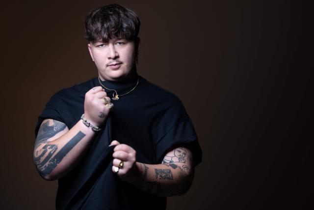 Belgian singer-songwriter and rapper TeddyBear poses during a photo session in Paris on October 7, 2026. (Photo by Joel Saget / AFP)