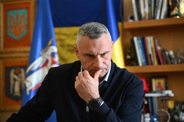 Kyiv's mayor Vitali Klitschko looks on during an interview with AFP at his office in Kyiv on October 8, 2026, amid Russian invasion in Ukraine. The wave of Russian strikes that have pummelled the Ukrainian capital, hitting bridges and key infrastructure in recent weeks have pushed Kyiv into survival mode ahead of the winter, the city's mayor told AFP on October 8, 2026. In a tactical shift, Russia has expanded its strikes against Kyiv, targeting key bridges and the city centre in daytime drone attacks. (Photo by Sergei SUPINSKY / AFP)