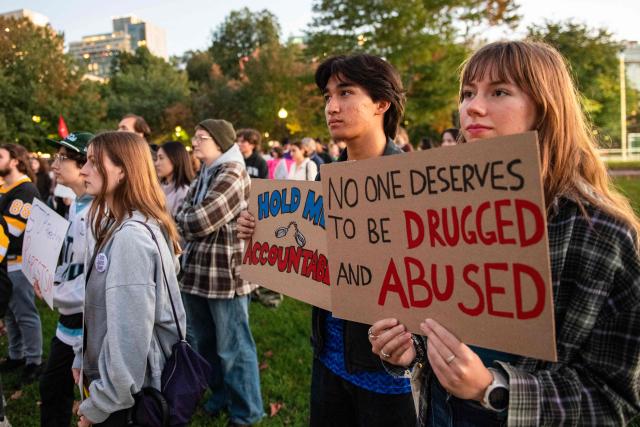 Protesters during a rally to show support for Cornell University student "Jane Doe" at Boston Common in Boston, Massachusetts on October 8, 2026. US prosecutors have reopened an investigation into an alleged 2024 gang rape at Cornell University following claims the elite university failed to properly punish the men involved. The alleged victim said in a civil lawsuit this month she was drugged with ketamine, assaulted and raped in 2024 by seven members of the Chi Phi fraternity -- a social club for male students. Cornell expelled the students involved and closed the fraternity, but the graphic details of the alleged incident have provoked public outrage and reignited a debate over sexual assault on US campuses. (Photo by JOSEPH PREZIOSO / AFP)