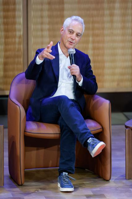 Former Chicago Mayor Rahm Emanuel speaks at the Obama Presidential Center in Chicago, Illinois, on October 8, 2026. (Photo by KAMIL KRZACZYNSKI / AFP)