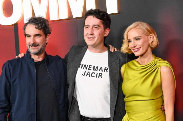 US filmmaker Jay Duplass, British Filmmaker Rob Savage and US actress Jessica Chastain attend the fan screening of Universal Pictures' film "Other Mommy" at Universal Cinema AMC in Hollywood, California, on October 8, 2026. (Photo by Katie FLORES / AFP)