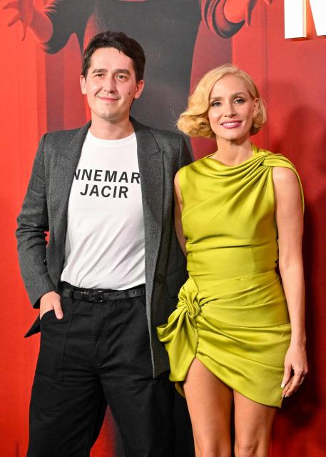 British Filmmaker Rob Savage and US actress Jessica Chastain attend the fan screening of Universal Pictures' film "Other Mommy" at Universal Cinema AMC in Hollywood, California, on October 8, 2026. (Photo by Katie FLORES / AFP)