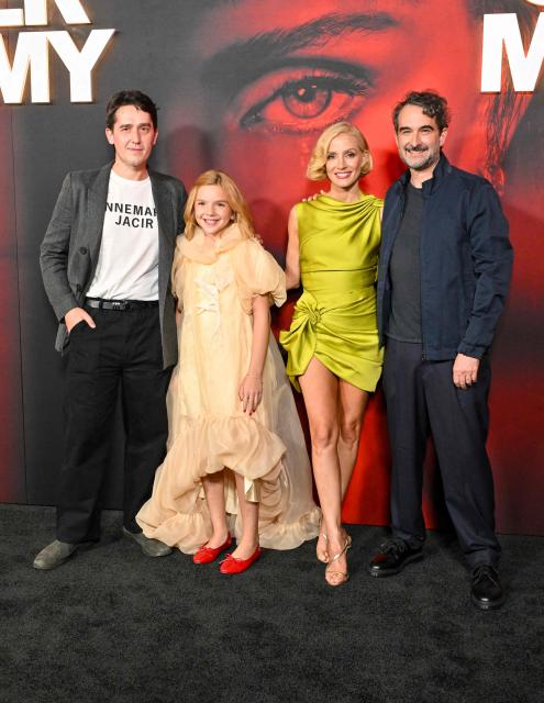 British Filmmaker Rob Savage, US actresses Arabella Olivia Clark and Jessica Chastain and US filmmaker Jay Duplass attend the fan screening of Universal Pictures' film "Other Mommy" at Universal Cinema AMC in Hollywood, California, on October 8, 2026. (Photo by Katie FLORES / AFP)