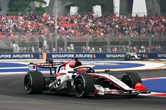 Haas F1 Team's French driver Esteban Ocon drives during a practice session ahead of the Formula One Singapore Grand Prix at the Marina Bay Street Circuit in Singapore on October 9, 2026. (Photo by Lillian SUWANRUMPHA / AFP)