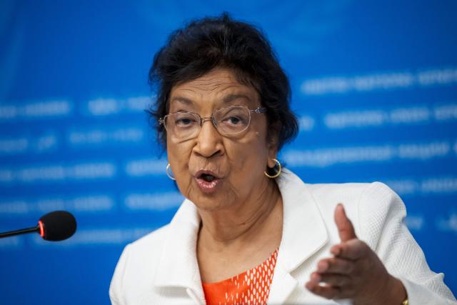 (FILES) Chair of the Independent International Commission of Inquiry on the Occupied Palestinian Territory, including East Jerusalem, and Israel, South African judge Navi Pillay, speaks during a press conference in Geneva on September 16, 2025. South Africa's Navanethem 'Navi' Pillay wins Nobel Peace Prize the committee announced on October 9, 2026. (Photo by Fabrice COFFRINI / AFP)