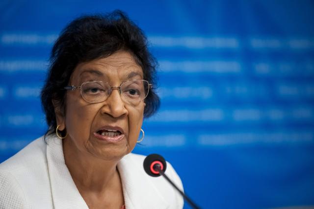 (FILES) Chair of the Independent International Commission of Inquiry on the Occupied Palestinian Territory, including East Jerusalem, and Israel, South African judge Navi Pillay, speaks during a press conference in Geneva on September 16, 2025. South African jurist Navanethem "Navi" Pillay wins the 2026 Nobel Peace Prize. (Photo by Fabrice COFFRINI / AFP)