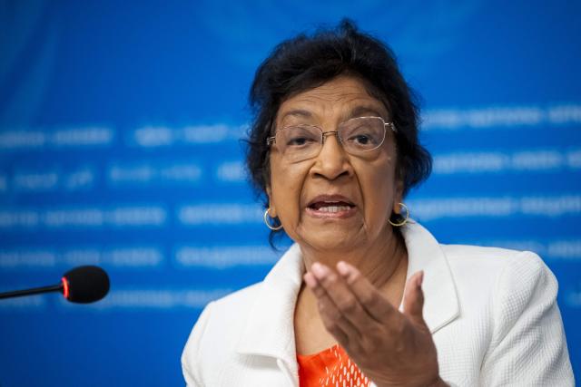 (FILES) Chair of the Independent International Commission of Inquiry on the Occupied Palestinian Territory, including East Jerusalem, and Israel, South African judge Navi Pillay, speaks during a press conference in Geneva on September 16, 2025. South African jurist Navanethem "Navi" Pillay wins the 2026 Nobel Peace Prize. (Photo by Fabrice COFFRINI / AFP)