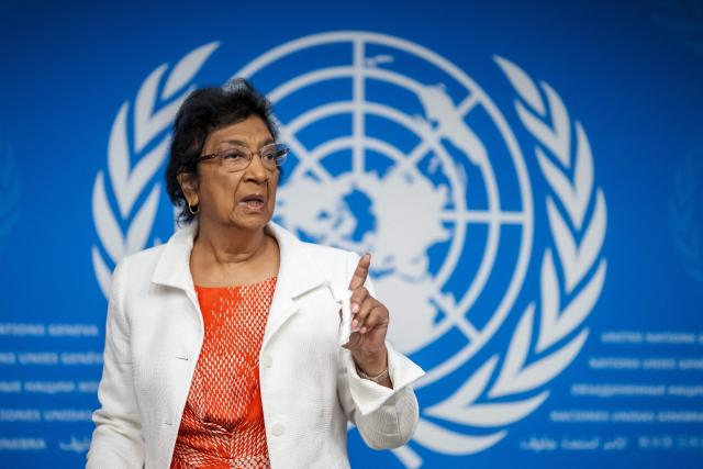 (FILES) Chair of the Independent International Commission of Inquiry on the Occupied Palestinian Territory, including East Jerusalem, and Israel, South African judge Navi Pillay, gestures after a press conference in Geneva on September 16, 2025. South African jurist Navanethem "Navi" Pillay wins the 2026 Nobel Peace Prize. (Photo by Fabrice COFFRINI / AFP)