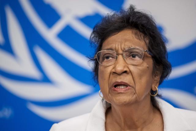(FILES) Chair of the Independent International Commission of Inquiry on the Occupied Palestinian Territory, including East Jerusalem, and Israel, South African judge Navi Pillay, speaks during a press conference in Geneva on September 16, 2025. South African jurist Navanethem "Navi" Pillay wins the 2026 Nobel Peace Prize. (Photo by Fabrice COFFRINI / AFP)