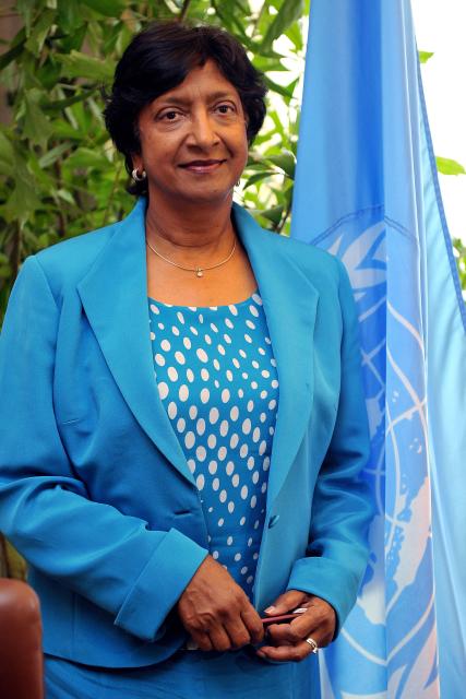 (FILES) New United Nations High Commissioner for human rights, South African judge Navanethem (Navi) Pillay stands outside of the Palais Wilson, headquarters of the UN specialised agency, as she takes up her post on Spetember 1, 2008 in Geneva. The Nobel Peace Prize was on October 9, 2026, awarded to South Africa's Navi Pillay, a human rights champion who headed the Rwanda genocide tribunal and last year accused Israel of genocide in Gaza, the prize committee said. (Photo by Fabrice COFFRINI / AFP)