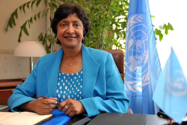 (FILES) New United Nations High Commissioner for Human Rights, South African judge Navanethem (Navi) Pillay poses in her office at the Palais Wilson, headquarters of the specialised UN agency as she takes up her post on Spetember 1, 2008 in Geneva. The Nobel Peace Prize was on October 9, 2026, awarded to South Africa's Navi Pillay, a human rights champion who headed the Rwanda genocide tribunal and last year accused Israel of genocide in Gaza, the prize committee said. (Photo by Fabrice COFFRINI / AFP)