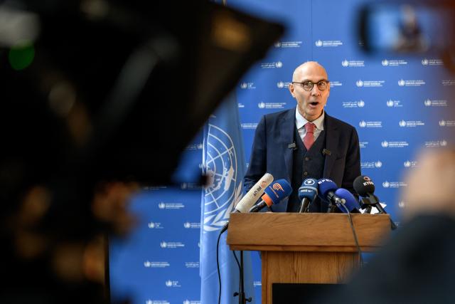 UN High Commissioner for Human Rights Volker Turk reacts during a press statement following the announcement that South African jurist and former UN rights chief Navi Pillay has been awarded the 2026 Nobel Peace Prize, in Geneva, Switzerland, on October 9, 2026. (Photo by Fabrice COFFRINI / AFP)