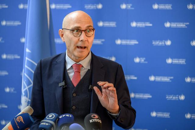 UN High Commissioner for Human Rights Volker Turk reacts during a press statement following the announcement that South African jurist and former UN rights chief Navi Pillay has been awarded the 2026 Nobel Peace Prize, in Geneva, Switzerland, on October 9, 2026. (Photo by Fabrice COFFRINI / AFP)