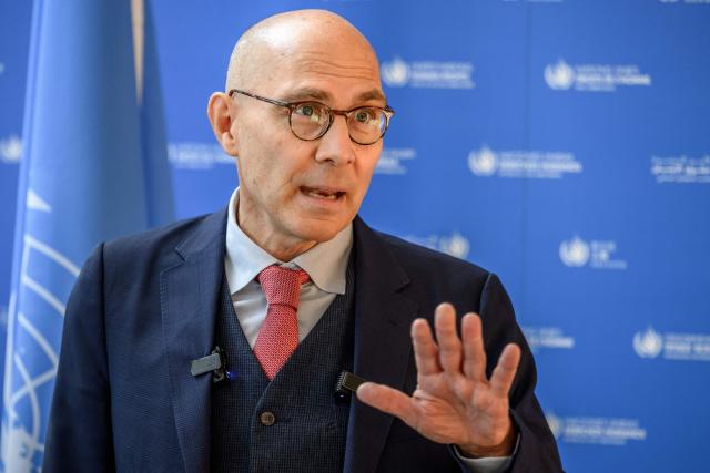 UN High Commissioner for Human Rights Volker Turk reacts during a press statement following the announcement that South African jurist and former UN rights chief Navi Pillay has been awarded the 2026 Nobel Peace Prize, in Geneva, Switzerland, on October 9, 2026. (Photo by Fabrice COFFRINI / AFP)