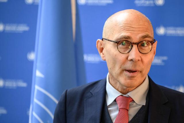 UN High Commissioner for Human Rights Volker Turk reacts during a press statement following the announcement that South African jurist and former UN rights chief Navi Pillay has been awarded the 2026 Nobel Peace Prize, in Geneva, Switzerland, on October 9, 2026. (Photo by Fabrice COFFRINI / AFP)