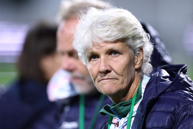 Haiti's head coach Pia Sundhage looks on prior to the  women's international friendly football match between Haiti and Japan at the Bauer Stadium in Saint-Ouen, north of Paris, on October 9, 2026. (Photo by FRANCK FIFE / AFP)
