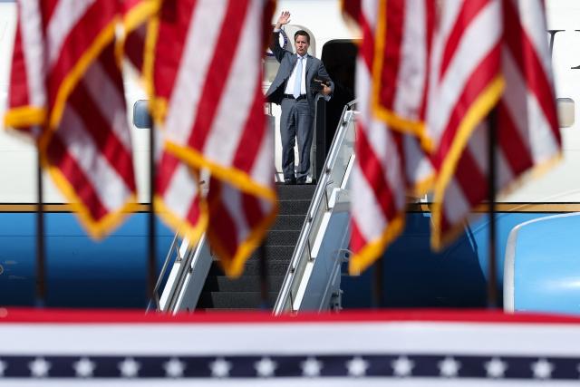 US Senator Bernie Moreno, Republican from Ohio, arrives to speak during a rally with US Vice President JD Vance at the Allen County Regional Airport on October 9, 2026 in Lima, Ohio. Vance traveled to Ohio to cast his early ballot and campaign for local Republican candidates ahead of the midterm elections. (Photo by Samuel Corum / POOL / AFP)