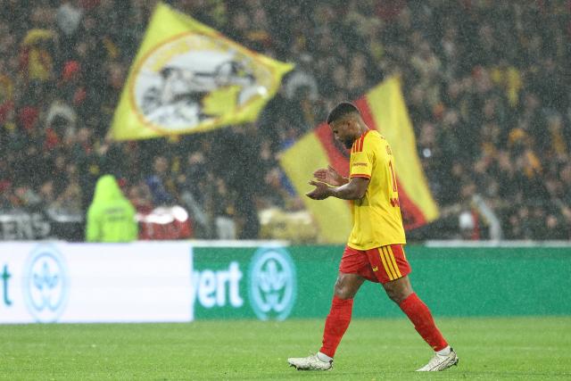 Lens' French defender #14 Matthieu Udol celebrates scoring his team's second goal during the French L1 football match between RC Lens and Olympique Lyonnais (OL) at the Stade Bollaert-Delelis in Lens, northern France, on October 9, 2026. (Photo by Sameer AL-DOUMY / AFP)
