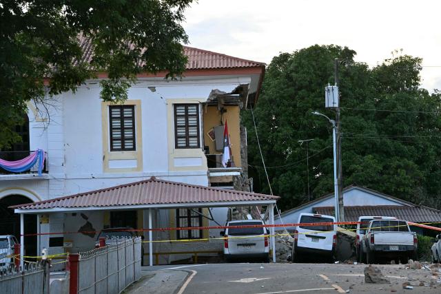 This view shows the collapsed Penonome Governor's Office building after a 7.6-magnitude earthquake struck the country, in Penonome, Panama, on October 9, 2026. According to the US Geological Survey (USGS), a magnitude 7.6 earthquake shook Panama sparking panic in the capital, though no casualties or damage have been reported so far. (Photo by MARTIN BERNETTI / AFP)