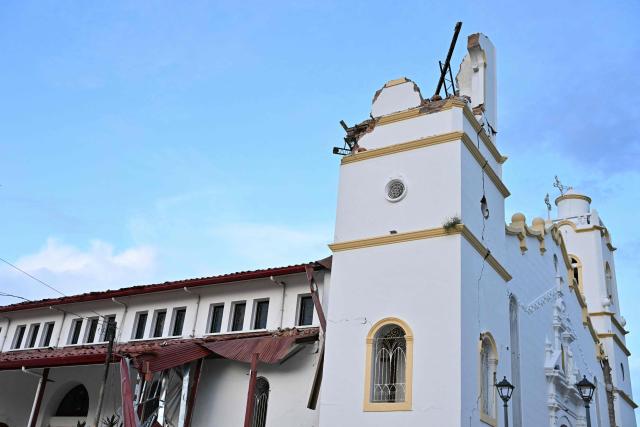 This view shows the collapsed Cathedral of Penonome after a 7.6-magnitude earthquake struck the country, in Penonome, Panama, on October 9, 2026. According to the US Geological Survey (USGS), a magnitude 7.6 earthquake shook Panama sparking panic in the capital, though no casualties or damage have been reported so far. (Photo by MARTIN BERNETTI / AFP)
