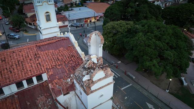 This aerial view shows the collapsed Cathedral of Penonome after a 7.6-magnitude earthquake struck the country, in Penonome, Panama, on October 9, 2026. According to the US Geological Survey (USGS), a magnitude 7.6 earthquake shook Panama sparking panic in the capital, though no casualties or damage have been reported so far. (Photo by Martin BERNETTI / AFP)