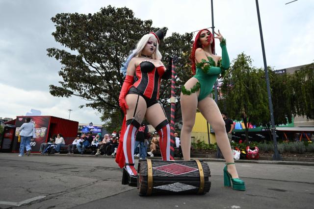 Women wearing a cosplay costume take part in the SOFA, Leisure and Fantasy Fair, in Bogota on October 9, 2026. (Photo by Raul ARBOLEDA / AFP)