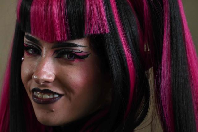 A woman wearing a cosplay costume takes part in the SOFA, Leisure and Fantasy Fair, in Bogota on October 9, 2026. (Photo by Raul ARBOLEDA / AFP)