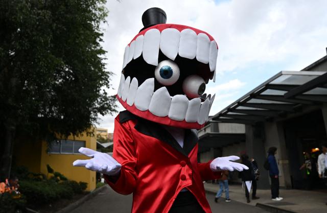 A person wearing a cosplay costume takes part in the SOFA, Leisure and Fantasy Fair, in Bogota on October 9, 2026. (Photo by Raul ARBOLEDA / AFP)