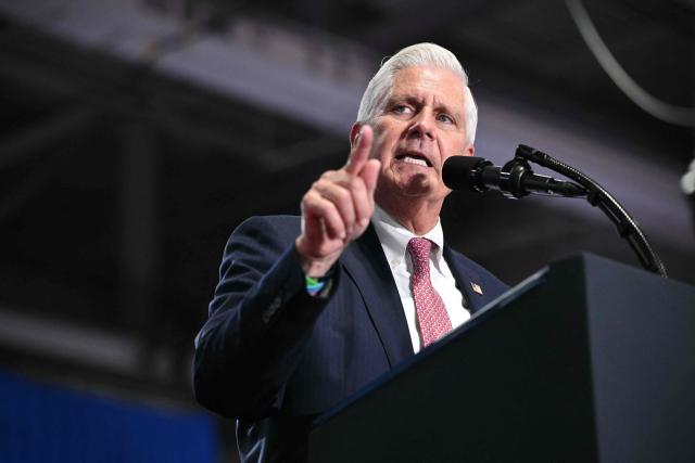 Republican candidate for New York governor Bruce Blakeman speaks at a campaign rally at the Oncenter Convention Center in Syracuse, New York, on October 9, 2026. US President Donald Trump is campaigning for Blakeman, as well as other Republican candidates in November's general election. (Photo by Mandel NGAN / AFP)