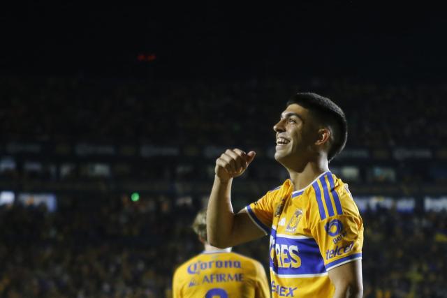 Tigres' Argentine midfielder #11 Juan Brunetta celebrates scoring his team's third goal during the Liga MX Apertura tournament football match between Tigres and Toluca at Universitario de la UANL stadium in San Nicolas de los Garza, Nuevo Leon state, Mexico, on October 9, 2026. (Photo by Julio Cesar AGUILAR / AFP)
