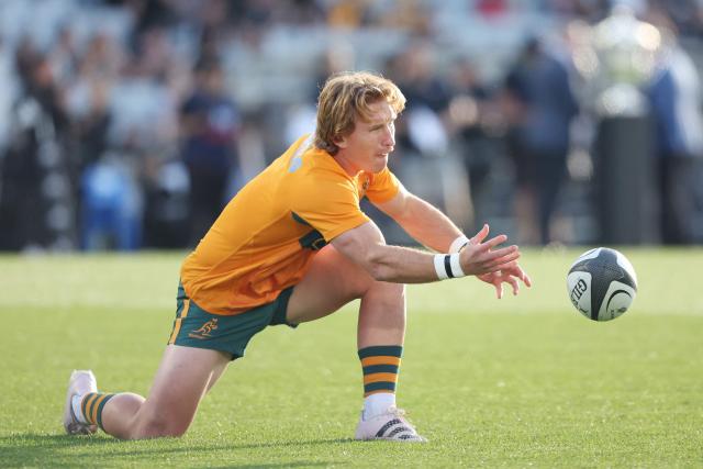 Tate McDermott of Australia warms up during the rugby union Bledisloe Cup match between New Zealand and Australia at Eden Park in Auckland on October 10, 2026. (Photo by Michael Bradley / AFP)