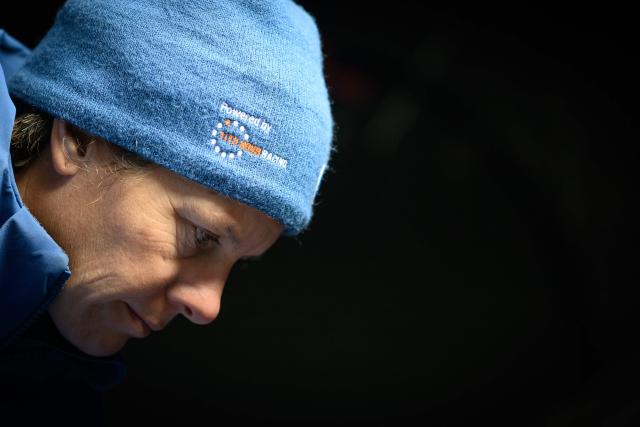 US Italian skipper Francesca Clapcich poses while sailing her Imoca monohull 11h Hour Racing during a training session ahead of the Route du Rhum solo sailing race from Saint-Malo, western France to Pointe-a-Pitre in the French overseas island of Guadeloupe, off Lorient on September 26, 2026. (Photo by Loic VENANCE / AFP)