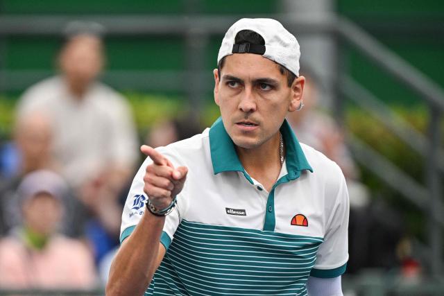Chile's Alejandro Tabilo gestures during his match against Spain's Pablo Carreno Busta during their men's singles match at the Shanghai Masters tennis tournament in Shanghai on October 10, 2026. (Photo by Hector RETAMAL / AFP)