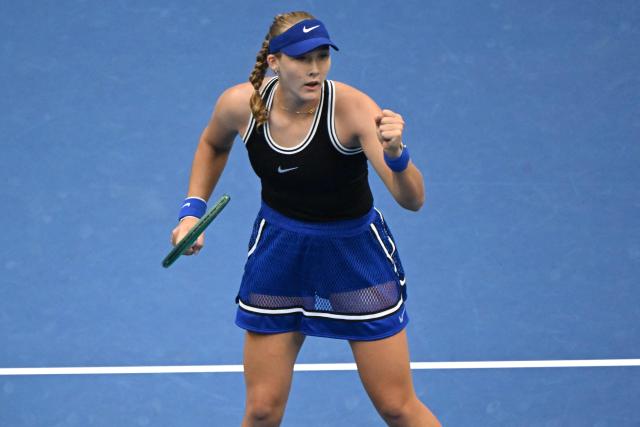 Russia’s Mirra Andreeva reacts after winning against Czech Republic's Nikola Bartunkova during their women’s singles semi-final at the China Open tennis tournament in Beijing on October 10, 2026. (Photo by Adek BERRY / AFP)
