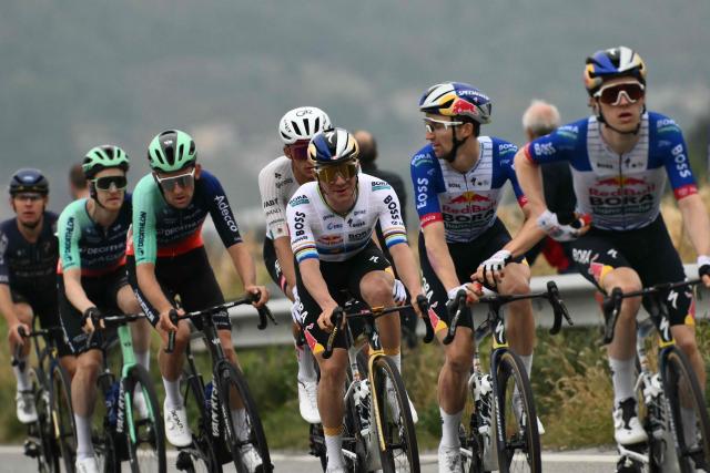 Red Bull–Bora–Hansgrohe’s Belgian rider Remco Evenepoel (C) rides during the 120th edition of the Giro di Lombardia (Tour of Lombardy) between Bergamo and Como on October 10, 2026. (Photo by Marco BERTORELLO / AFP)