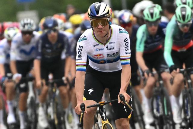 Red Bull–Bora–Hansgrohe’s Belgian rider Remco Evenepoel rides during the 120th edition of the Giro di Lombardia (Tour of Lombardy) between Bergamo and Como on October 10, 2026. (Photo by Marco BERTORELLO / AFP)
