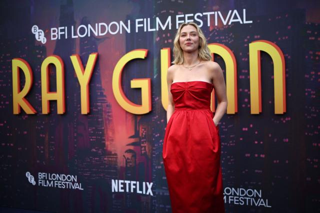 US actor Scarlett Johansson poses on the red carpet upon arrival to attend the world premiere of the film "Ray Gunn" at the Royal Festival Hall in London, October 10, 2026, during the BFI London Film Festival. (Photo by Henry Nicholls / AFP)