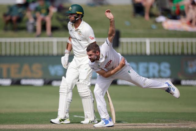 South Africa's Anrich Nortje delivers a ball on day two of the first Test match between South Africa and Australia at the Kingsmead stadium in Durban on October 10, 2026. (Photo by Marco Longari / AFP)