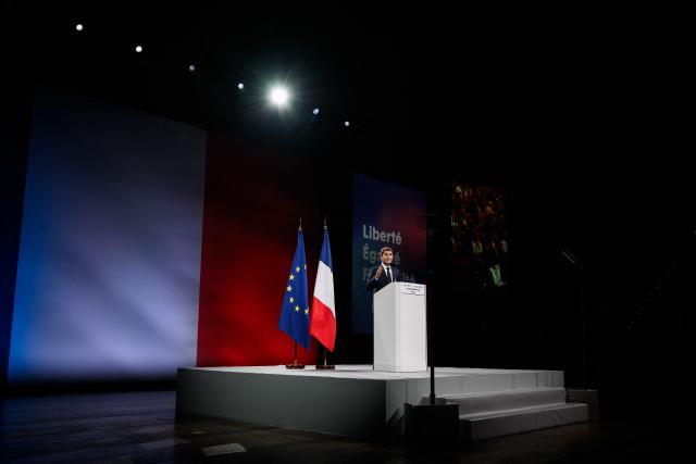 Centre-right party Renaissance candidate in France's 2027 presidential election Gabriel Attal delivers a speech during a campaign rally in Lyon on October 10, 2026. (Photo by JEFF PACHOUD / AFP)