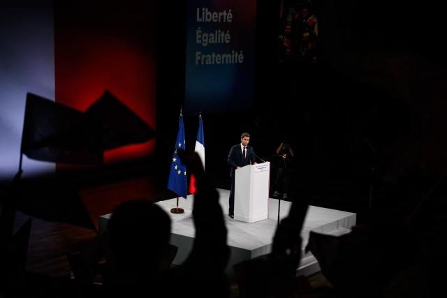 Centre-right party Renaissance candidate in France's 2027 presidential election Gabriel Attal delivers a speech during a campaign rally in Lyon on October 10, 2026. (Photo by JEFF PACHOUD / AFP)